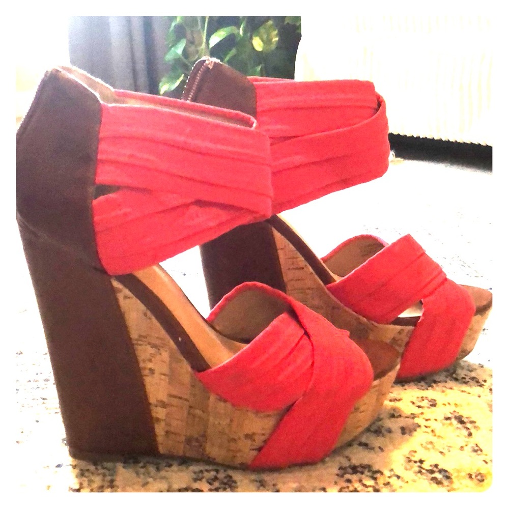 Hot pink cork and leather wedges